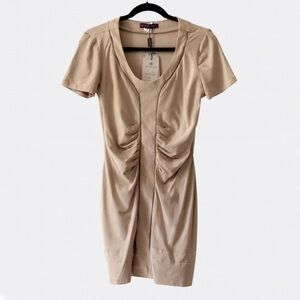 NWT Appleline Tan Turkish Short Sleeve Ruched Mini Elbise Dress Size 42 Size 6/8